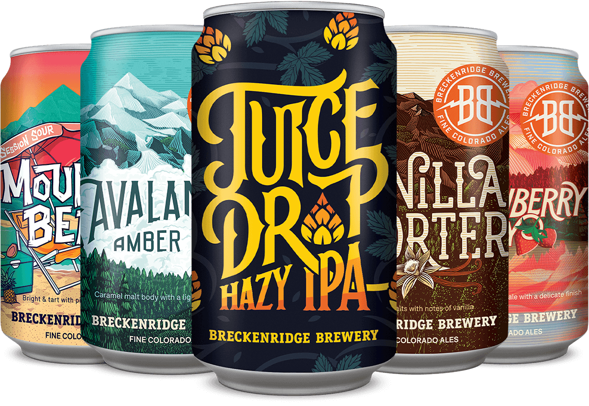 Juice Drop Hazy IPA, Vanilla Porter, Avalanche Ale, Mountain Beach, Strawberry